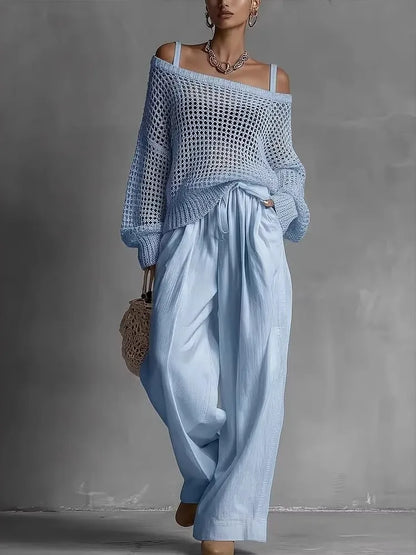 Cotton Casual Pants Sets for Women's Solid Long Sleeve hollow out knit Top Summer Outfit Elastic Waist OL Workwear Wide Leg Suit