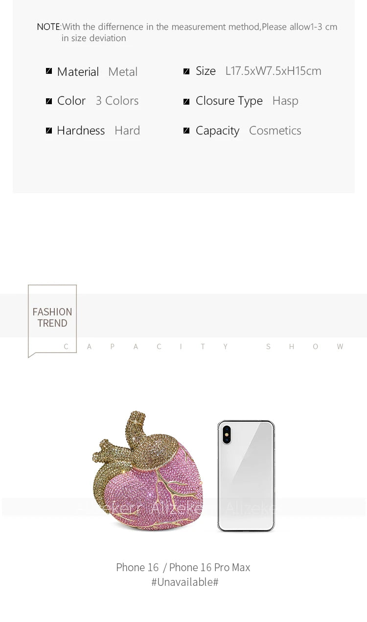 Alizekerr Heart Shaped Diamond Evening Bags Women 2026 Gorgeous Metallic Rhinestone Purses Ladies Unique Handbags Wedding Party