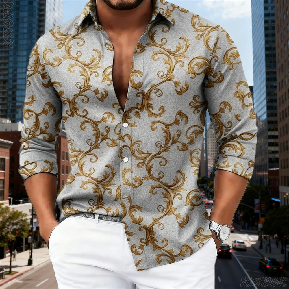16 Colors Men's Luxury Baroque Gold Pattern Long-Sleeved Shirt Fashionable Retro Print Comfortable Non-Iron Large Size Top