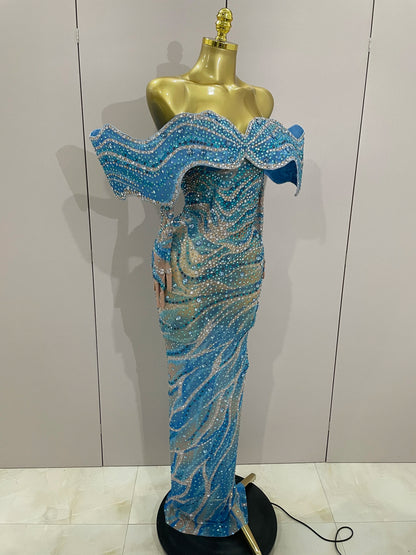 2025 Luxury Sparkly Rhinestones Blue Long Dress With Gloves Women Party Evening Birthday Dresses Celebrate Stage Catwalk Gowns