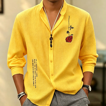 Men's stand-up collar three-quarter sleeve shirt, short print breathable shirt, loose-fitting cardigan for summer vacation.