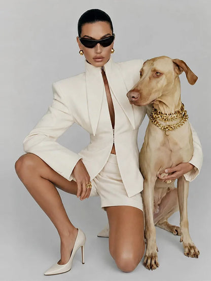 Elegant Blazer Women's Top Shorts Suit Long Sleeve Stand Collar Solid Top Short Pants 2026 Summer Autumn Chic Female Outfits