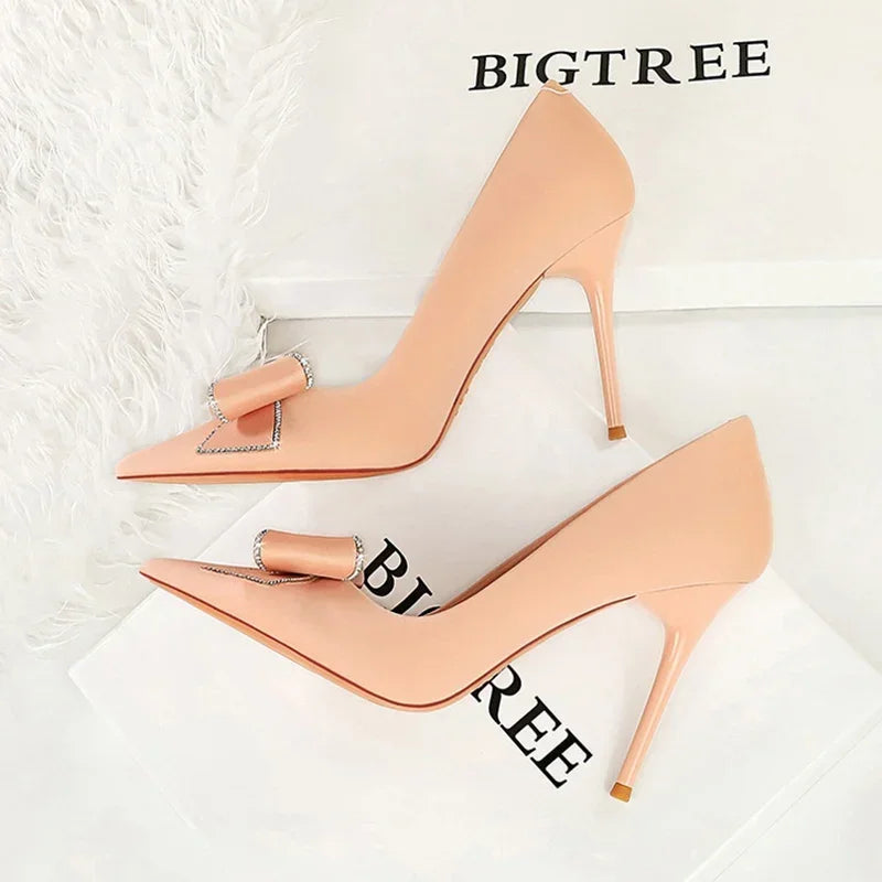 BIGTREE Fashion Korean Version 10cm High Heels Pumps Silk Shallow Pointed Toe Crystal Butterfly BowKnots Lady Red Purple Shoes