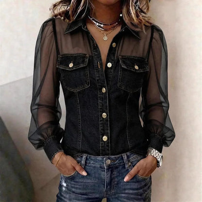 Casual Women's Denim Mesh Puff Sleeve Shirt Blue Jean Button Down Blouse with Pockets Sheer Sleeve Casual Vintage Blouse To