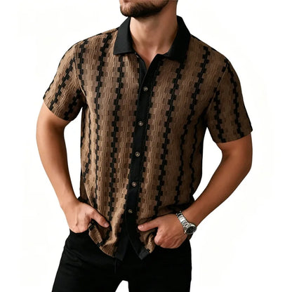 Summer Men's Knit Short Sleeve Shirt, Vintage Plaid Pattern Casual Button Up Top, Breathable Textured Fabric for Daily Vacation