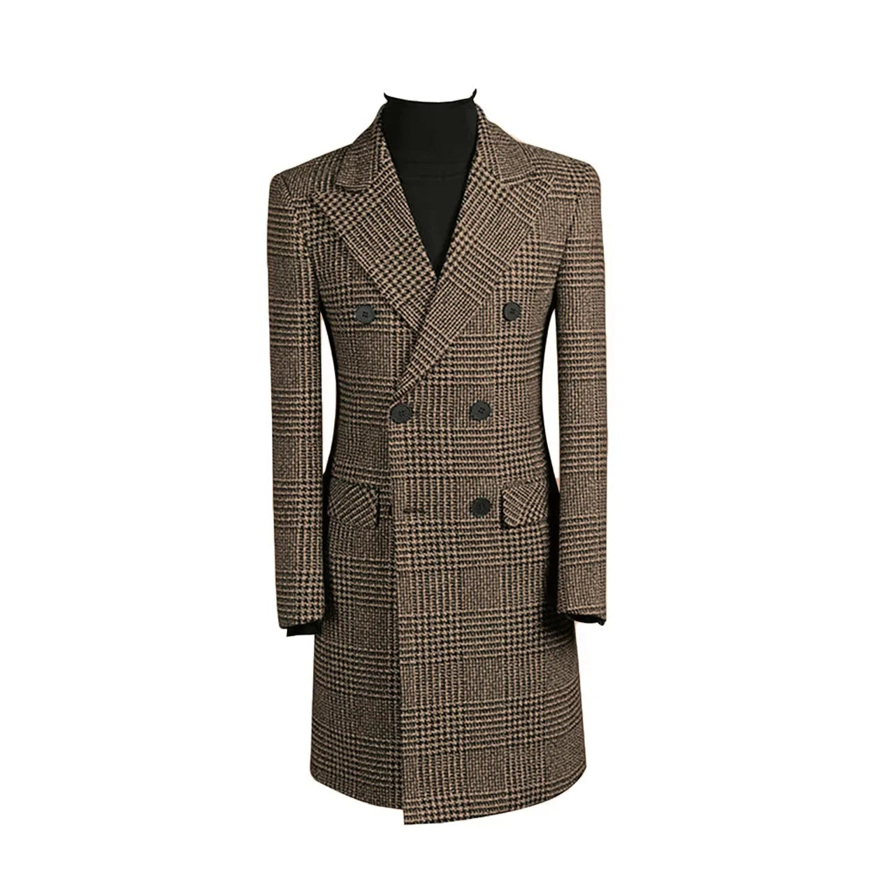 Autumn Winter Houndstooth Men's Long Coat Double Breasted Classic Jacket for Wedding Formal Blazers Groom Business Tuxedos