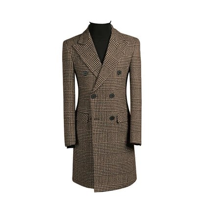 Autumn Winter Houndstooth Men's Long Coat Double Breasted Classic Jacket for Wedding Formal Blazers Groom Business Tuxedos