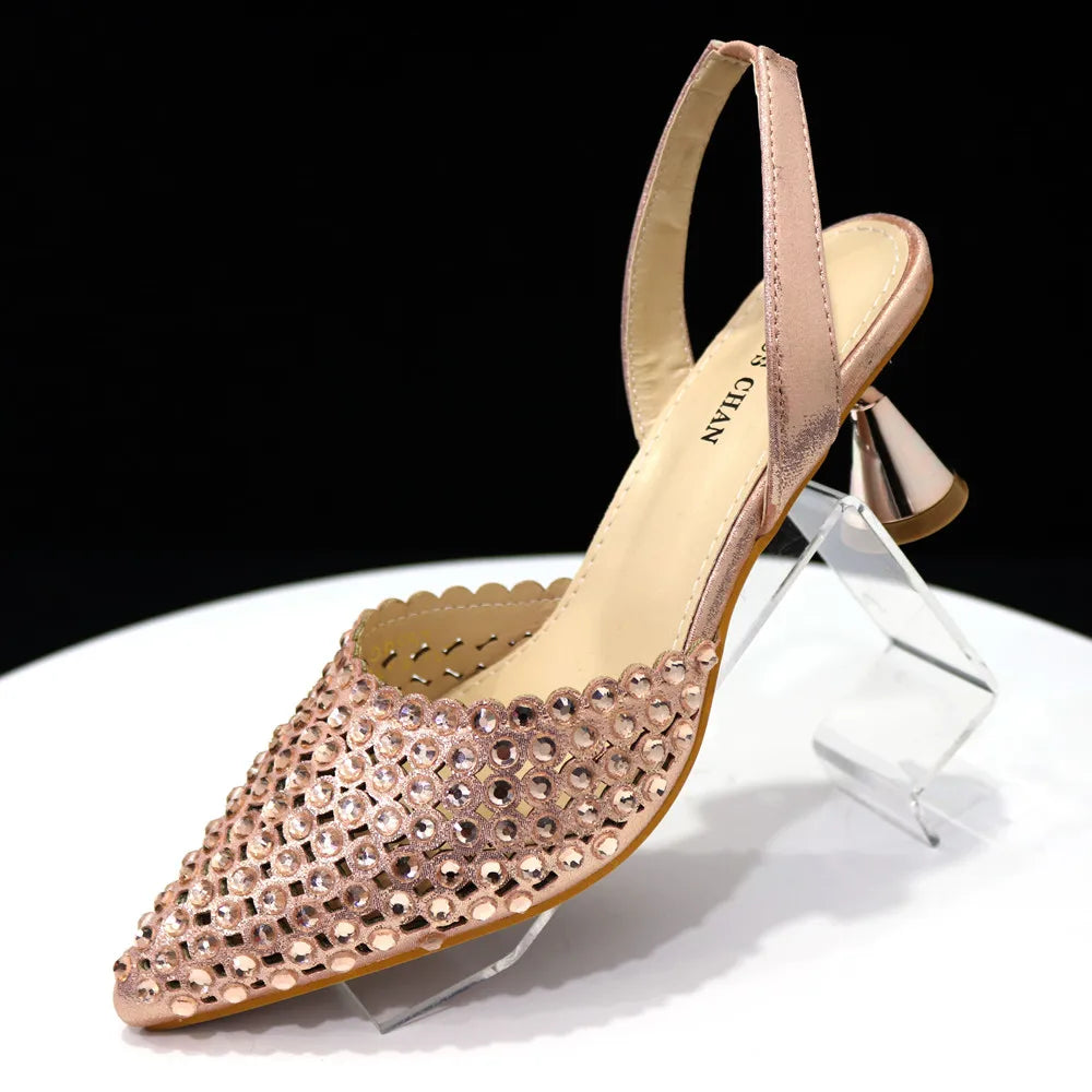 Venus Chan Pointed Toe Heels for Women 2023 Elegant Party Wine Color Full Diamond Pumps Italian Shoes and Bags Matching Set