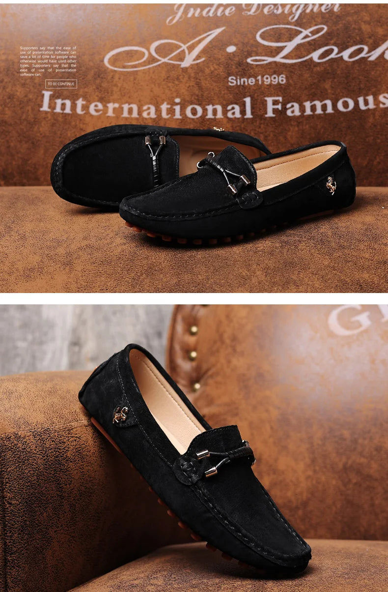 Men Genuine Leather Driving Shoes Metal Buckle Moccasins Slip-On Casual Loafers Men's Comfortable Flats Mocasines