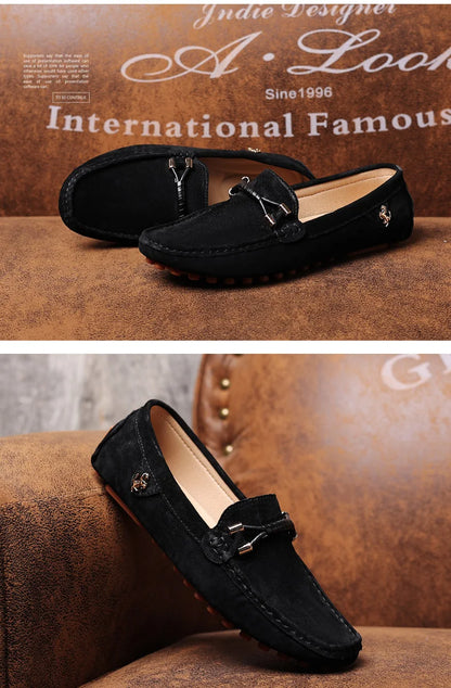 Men Genuine Leather Driving Shoes Metal Buckle Moccasins Slip-On Casual Loafers Men's Comfortable Flats Mocasines