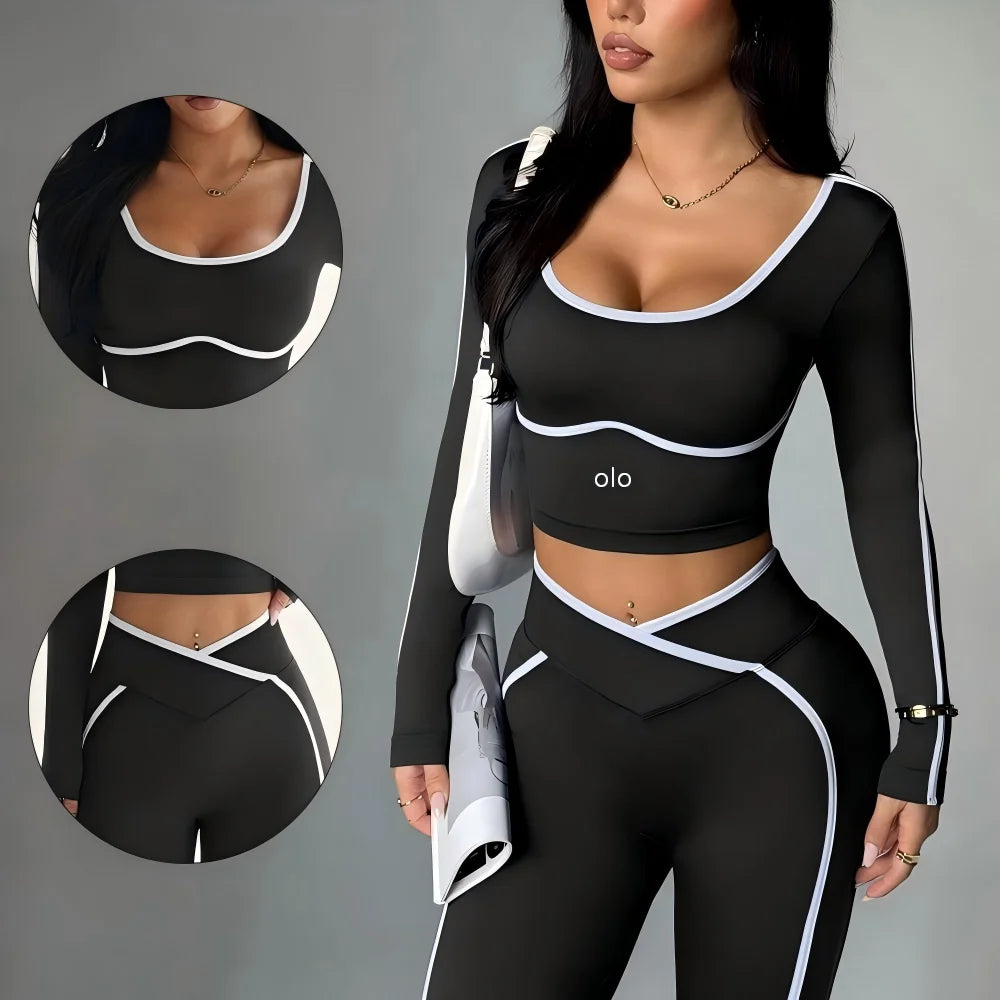 2026 Popular Color Blocking Yoga Set, Tight Yoga Long Sleeved Pants V Waist and Hip Lifting Tight Yoga Pants Luxury Set