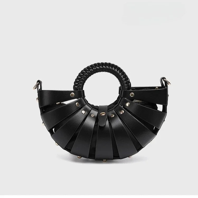 New Women's Fashionable Ring Design Crossbody Bag Hollowed Out Inner Bag Shell Bag Vegetable Basket Handbag Retro Woven Handbag