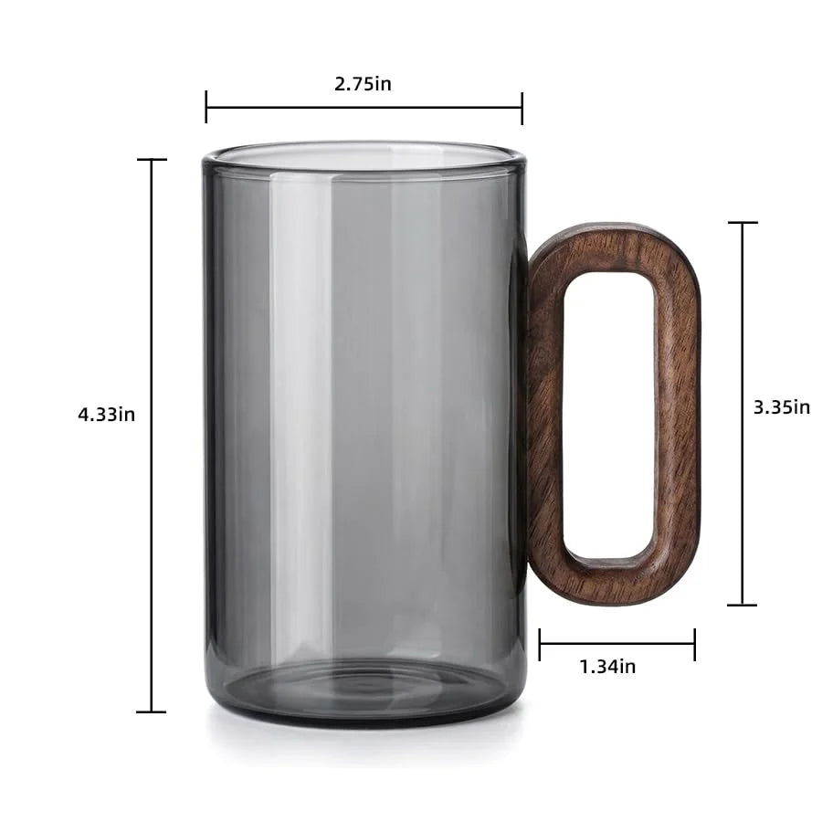 6pcs Borosilicate Glass Coffee Mug with Walnut Handle - 12oz Elegant Black Tumbler for Hot & Cold Drinks, Modern Office Tea Cup, Dishwasher Safe, 2.76" Diameter (360ml)