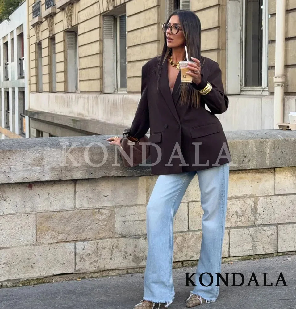 KONDALA Elegant Double Breasted Suit Women Trendy Commute Lapel Blazer Coat 2026 Spring Summer Minimalist Office Lady Blazer