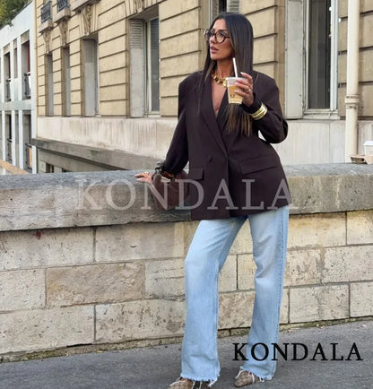 KONDALA Elegant Double Breasted Suit Women Trendy Commute Lapel Blazer Coat 2026 Spring Summer Minimalist Office Lady Blazer