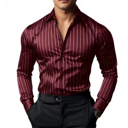 Men's Striped Long-Sleeved Shirt, Business Casual, Versatile, with Lapel Collar and Button Design, Available in 19 Colors.