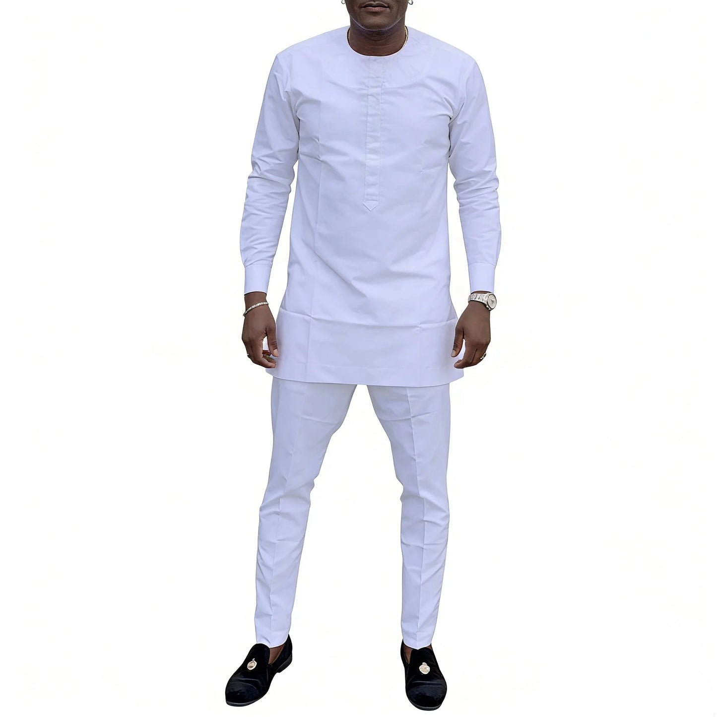 Men's Sets Solid White Long Sleeve Tops & Trousers Original Design Pant Suits Tailored African Couture Party Wear