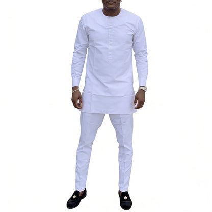Men's Sets Solid White Long Sleeve Tops & Trousers Original Design Pant Suits Tailored African Couture Party Wear