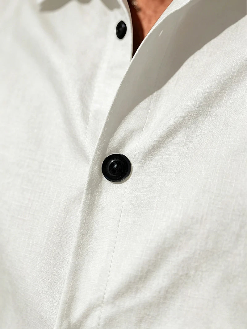 Men Linen Two Piece Outfit Short Sleeve Lapel Button Shirt Elastic Drawstring Shorts Summer Daily Seaside Vacation Casual Set