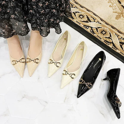 Women 4.5cm High Heels Elegant Patent Leather Pumps Female Sexy Metal Buckle High Heels Lady Fashion Pointed Toe Shallow Shoes