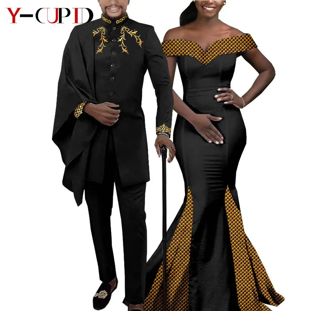 African Couple Matching Clothes for Wedding Women Slim Mermaid Dress Bazin Riche Men Irregular Jacket Pant Sets with Hat Y23C011