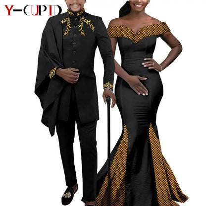 African Couple Matching Clothes for Wedding Women Slim Mermaid Dress Bazin Riche Men Irregular Jacket Pant Sets with Hat Y23C011