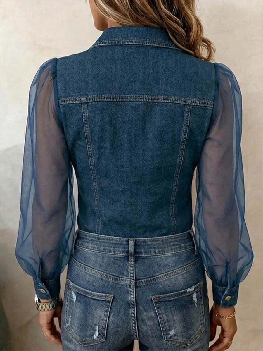 Casual Women's Denim Mesh Puff Sleeve Shirt Blue Jean Button Down Blouse with Pockets Sheer Sleeve Casual Vintage Blouse To
