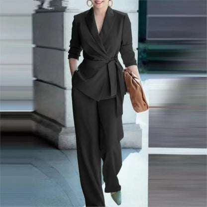 Casual Fashionable Trousers Suit Spring Autumn Solid Color Commuter Style Lapel Long-sleeved Top Wide-leg Trousers Two-piece Set
