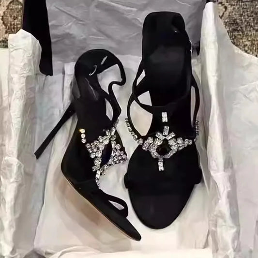 Sexy Rhinestone Stiletto High Heels Open-Toe One-Strap Buckle Sandals Suede Party Women Shoes Sandalias Mujer Verano