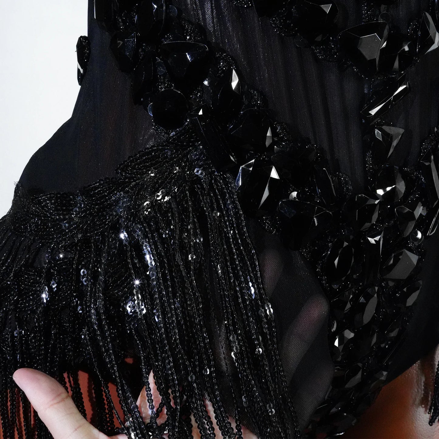 Sexy Mesh Sheer Black Rhinestone Tassel Bodysuit Women Singer Dancer Stage Show Outfit Nightclub Leotard Party Performance Wear
