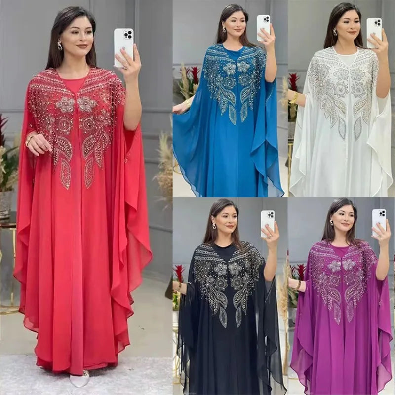 Muslim Dress for Women Loose Batwing Sleeved Beaded Long Abaya Dress Kaftan Abayas Islamic Robe Two Piece Set