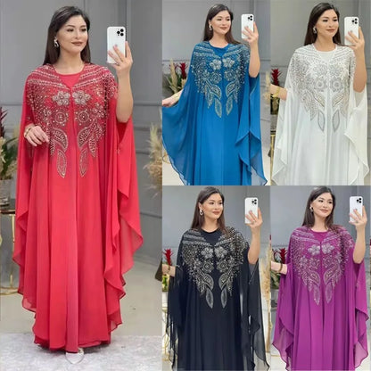 Muslim Dress for Women Loose Batwing Sleeved Beaded Long Abaya Dress Kaftan Abayas Islamic Robe Two Piece Set