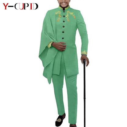 African Couple Matching Clothes for Wedding Women Slim Mermaid Dress Bazin Riche Men Irregular Jacket Pant Sets with Hat Y23C011