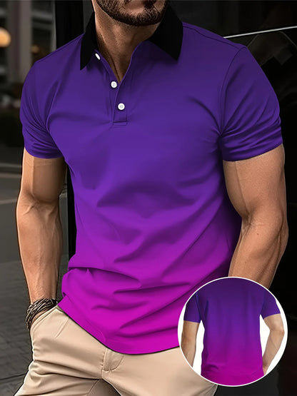 Men's fashion gradient color shirt polo lapel golf shirt short-sleeved printed button clothing, fashionable design, casual and b