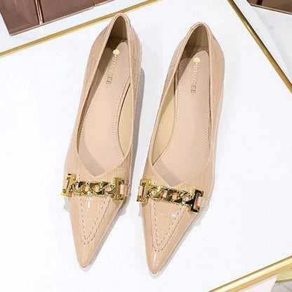 Women 4.5cm High Heels Fashion Apricot Work Pumps Lady Patent Leather Pointed Toe High Heels Female Elegant Metal Chain Shoes