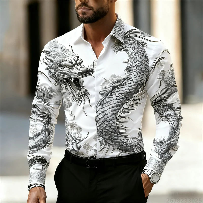 Men's shirt long sleeve shirt Chinese dragon HD pattern 3D printing lapel fashion casual street top, high quality fabric