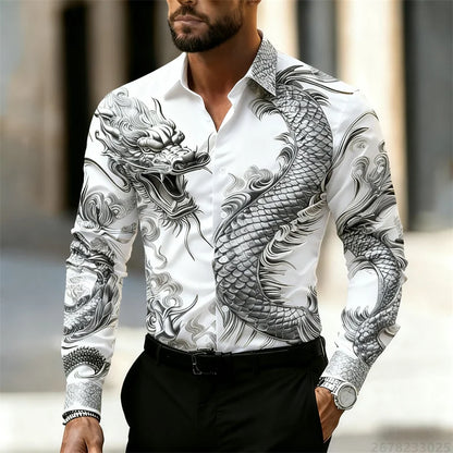 Men's shirt long sleeve shirt Chinese dragon HD pattern 3D printing lapel fashion casual street top, high quality fabric