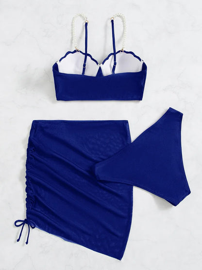 2025 New Sexy Three-piece Bikini Women Solid Drawstring Skirt Swimsuit Sling Backless Swimwear Tight Gathered Beach Bathing Suit