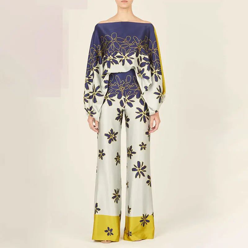 VEITCHE Women Print Outfit  Sleeve Off Shoulder Long Sleeve Blouse Office Lady 2 Piece Sets Spring Autumn Wide Leg Pants Suit