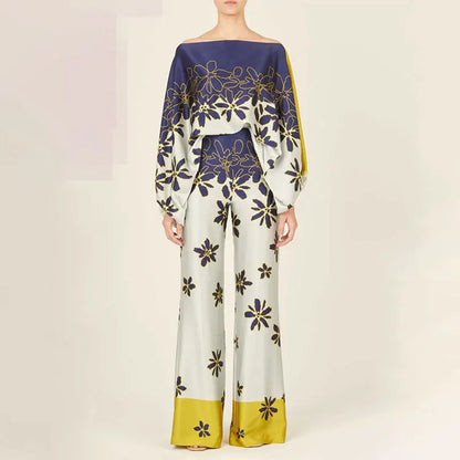 VEITCHE Women Print Outfit  Sleeve Off Shoulder Long Sleeve Blouse Office Lady 2 Piece Sets Spring Autumn Wide Leg Pants Suit