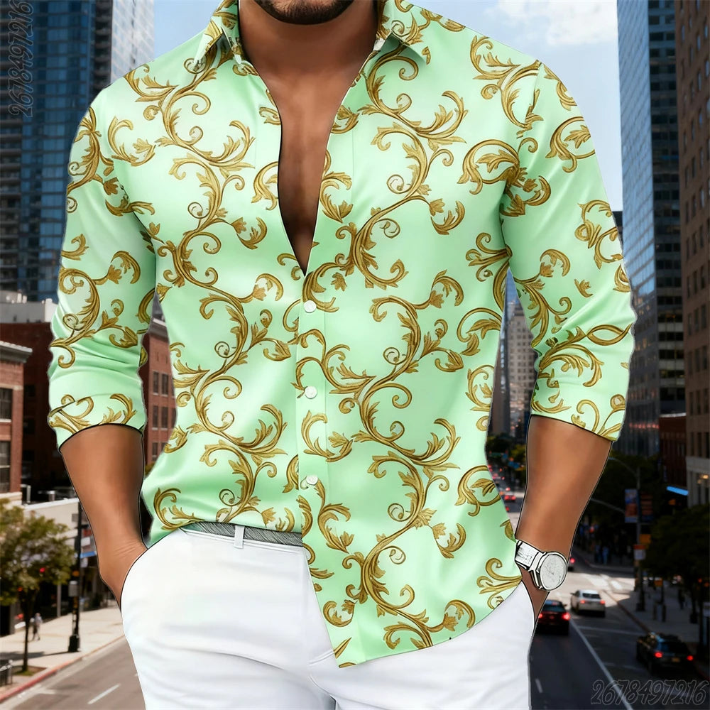 16 Colors Men's Luxury Baroque Gold Pattern Long-Sleeved Shirt Fashionable Retro Print Comfortable Non-Iron Large Size Top