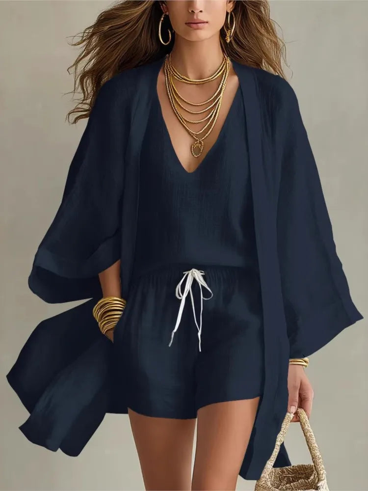 Cotton Linen Summer Women's Suit Elegant 3-piece Sets for Women Sexy V-neck Sleeveless Vest & Short Pant & Cardigan Home Clothes