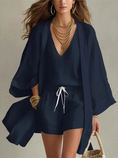 Cotton Linen Summer Women's Suit Elegant 3-piece Sets for Women Sexy V-neck Sleeveless Vest & Short Pant & Cardigan Home Clothes