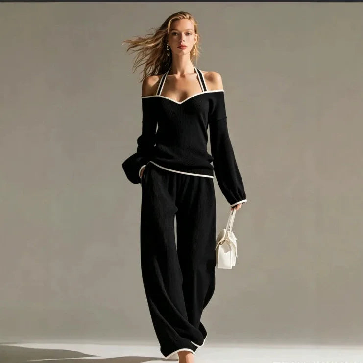 Women Sexy Off-shoulder Long-sleeved T-shirt Trousers 2piece Set Fashion Loose Elegant Color-blocked Pocket Trousers Female Suit