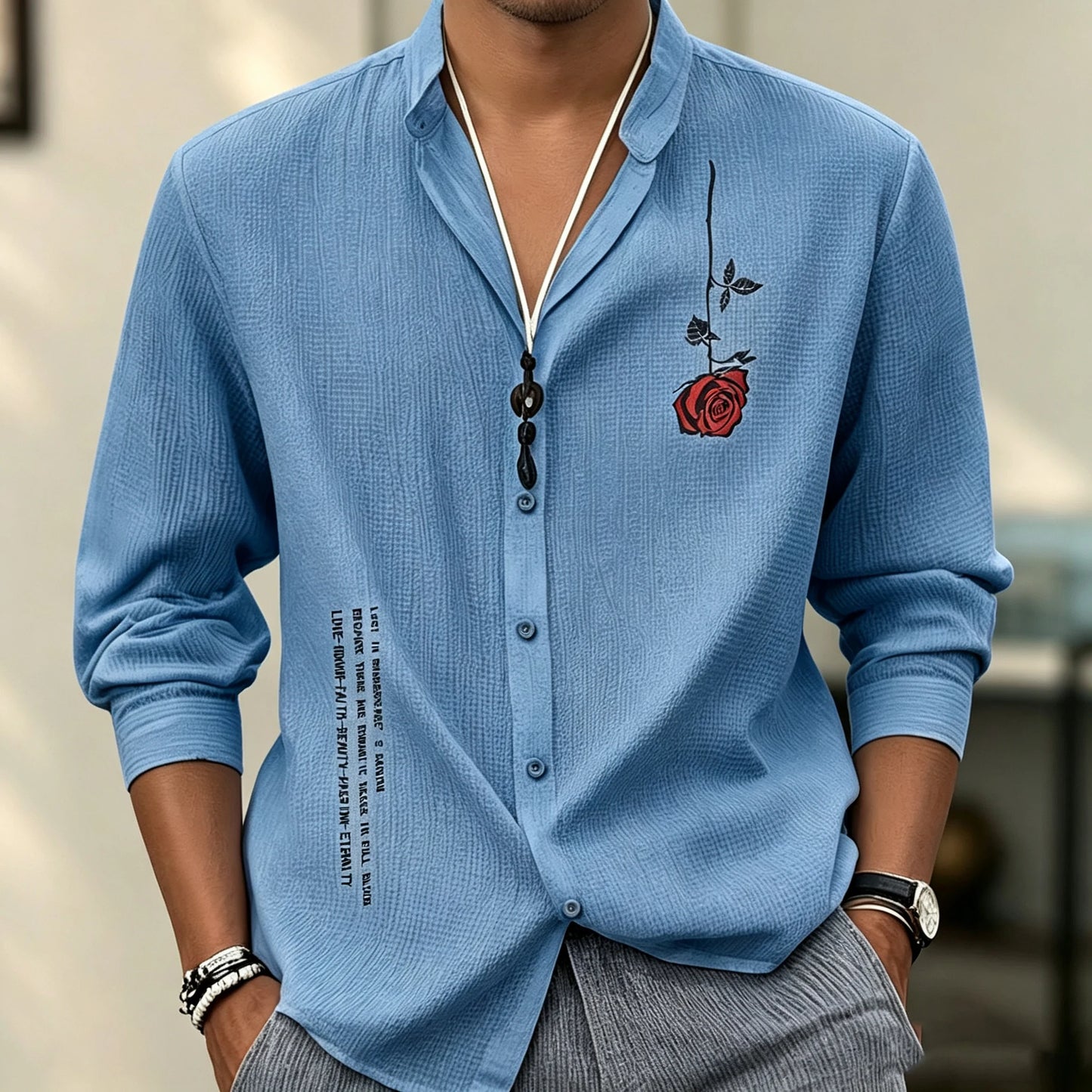 Men's stand-up collar three-quarter sleeve shirt, short print breathable shirt, loose-fitting cardigan for summer vacation.
