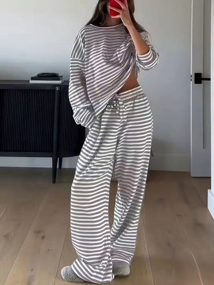 New Simple Striped Suit Simple  Loose Comfortable Lazy Style Long-sleeved Round Neck Pullover Top Lace-up Trousers Two-piece Set