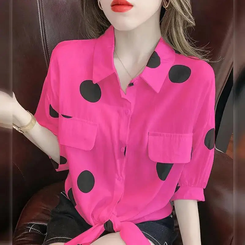 Small Fresh Polka Dot Shirt for Women Summer 2024 New Korean Version Loose Short-Sleeved Top with Lace-Up Chiffon Shirt for Wome