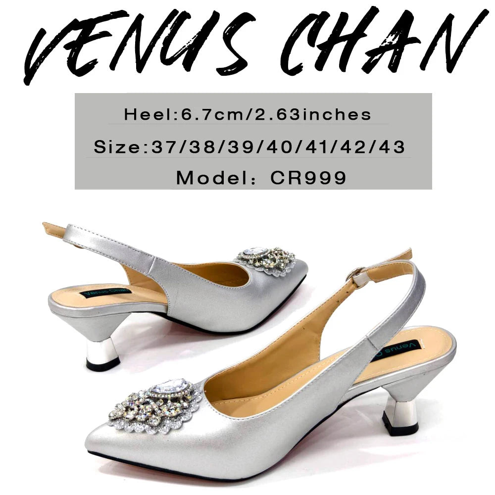 Venus Chan Italian Shoes and Bags Matching Set 2024 Nigeria Elegance Party Rhinestone Pointed Toe Women's Shoes High Heel
