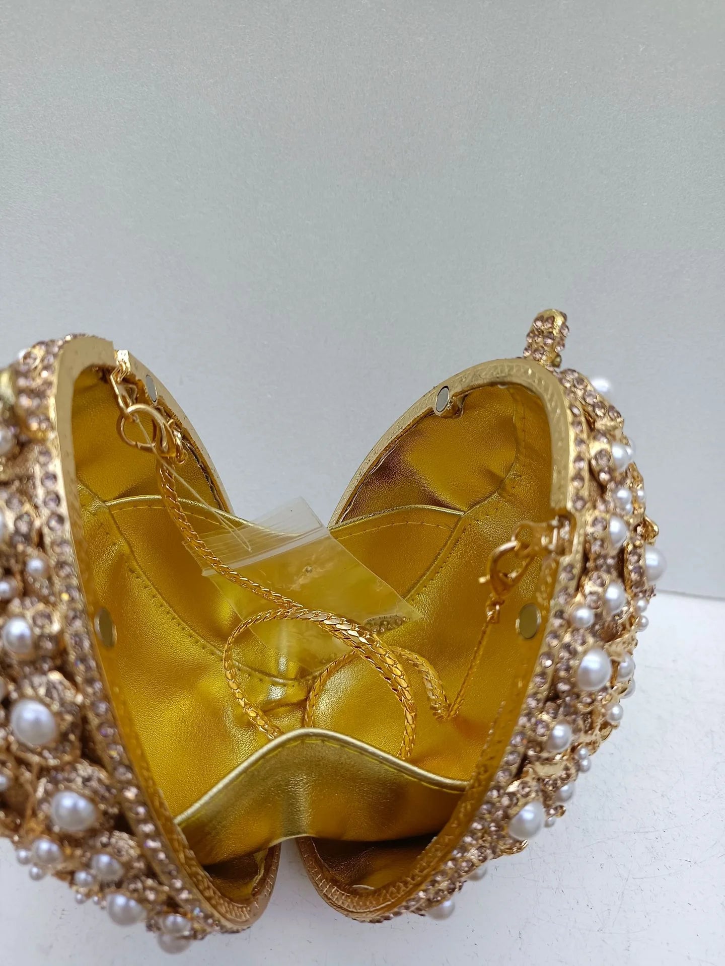 XIYUAN Female Oval Shaped Diamond Evening Bags Lady Hollow-out Metalic Handbags Pearl Wedding Party Clutches Gold Crystal Purse