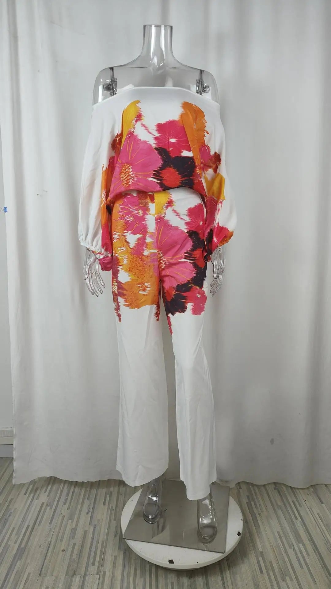 VEITCHE Women Print Outfit  Sleeve Off Shoulder Long Sleeve Blouse Office Lady 2 Piece Sets Spring Autumn Wide Leg Pants Suit